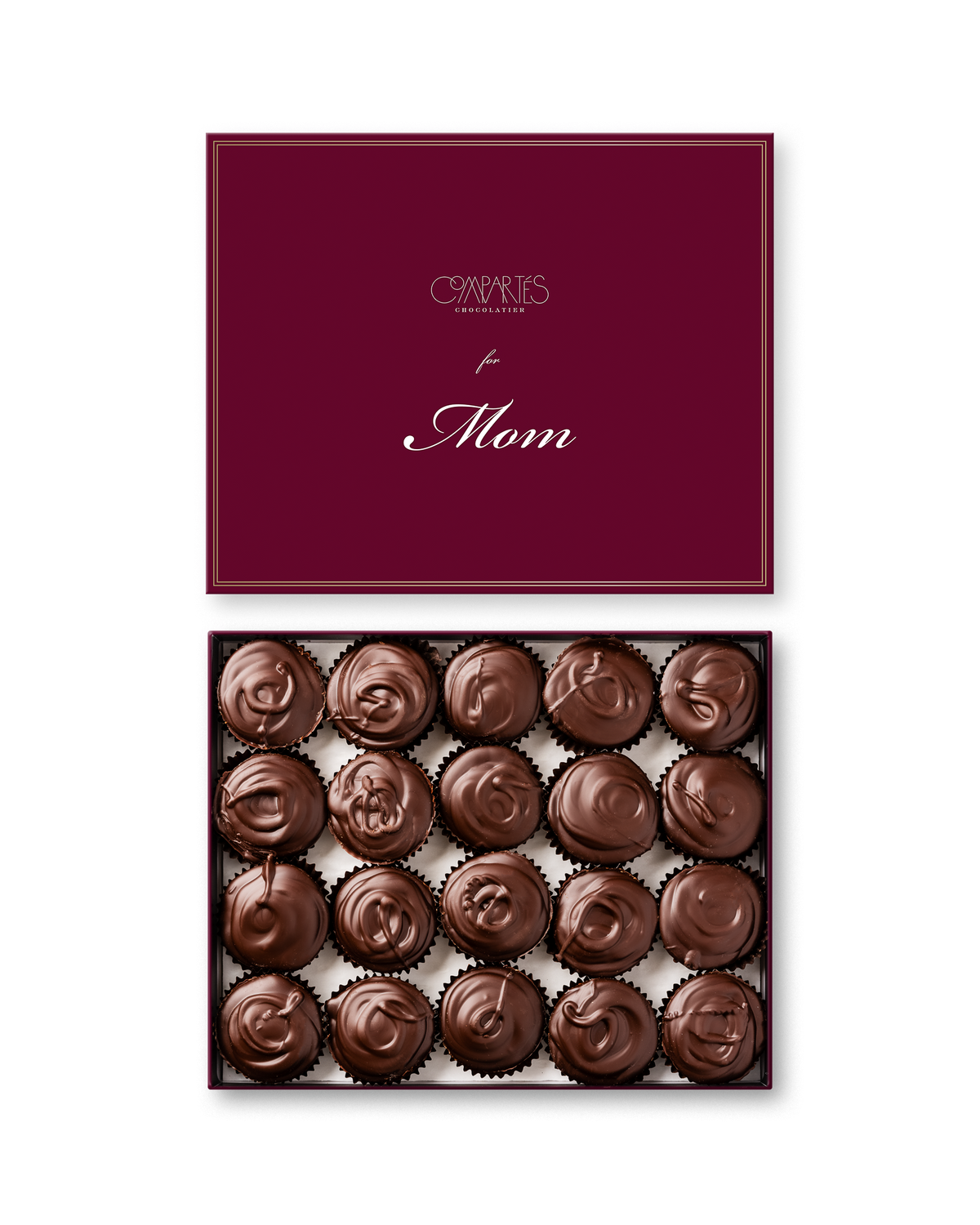Compartes best Mother's Day chocolate gift box, dark chocolate cups under a burgundy for Mom lid