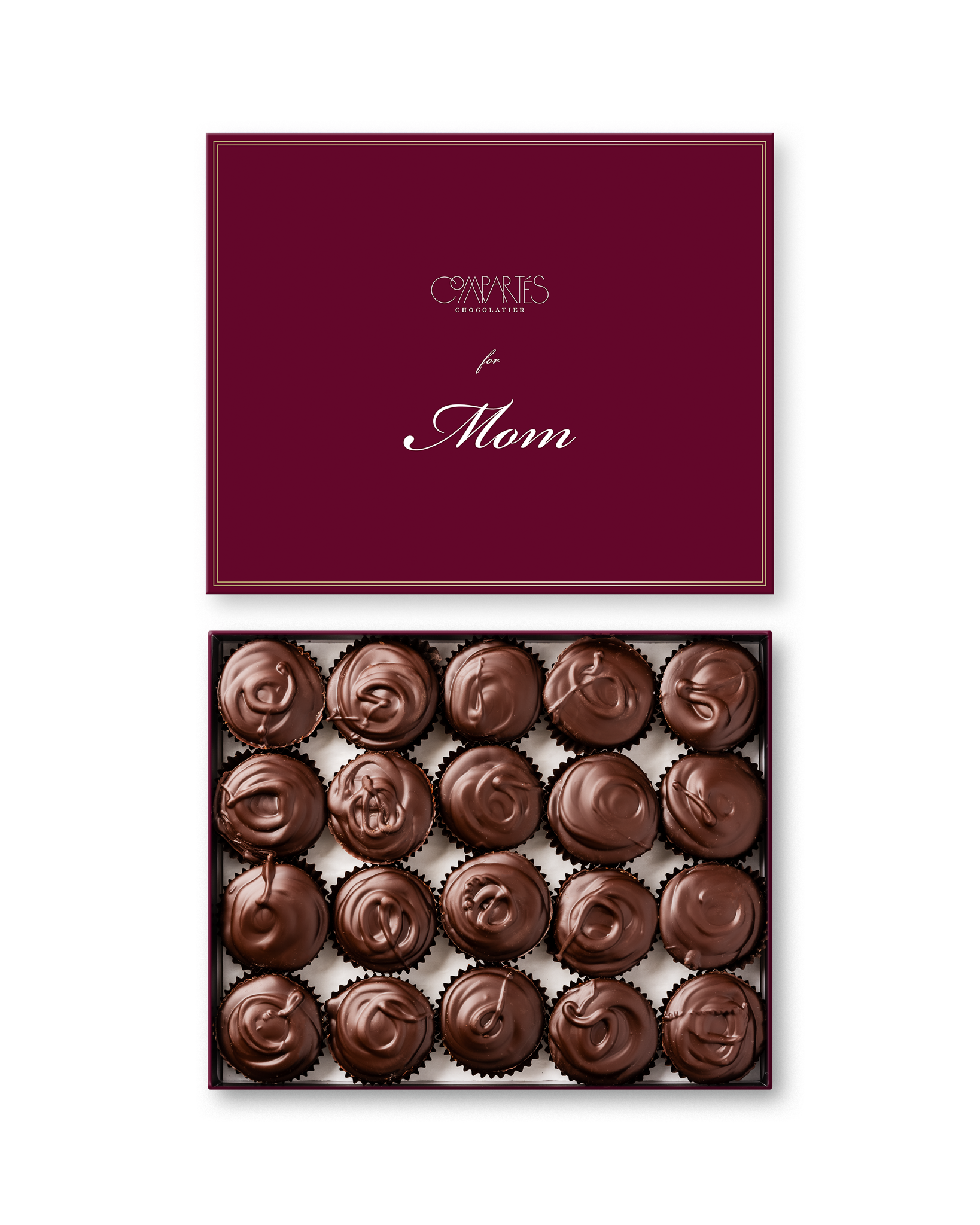 Compartes best Mother's Day chocolate gift box, dark chocolate cups under a burgundy for Mom lid