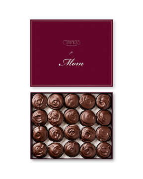 Compartes best Mother's Day chocolate gift box, dark chocolate cups under a burgundy for Mom lid