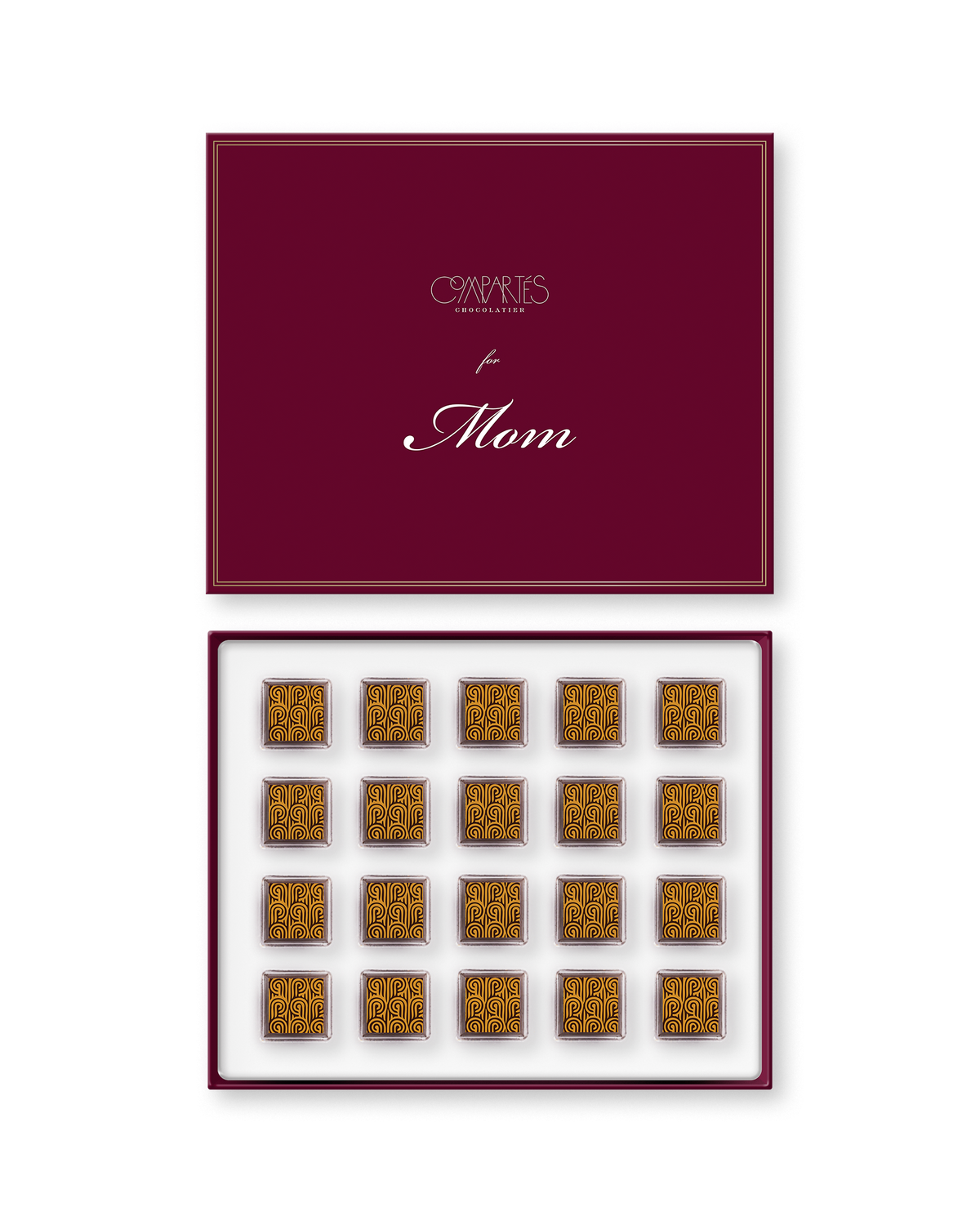 Compartes gourmet chocolate gift box for Mom, gold patterned champagne truffles under a burgundy lid