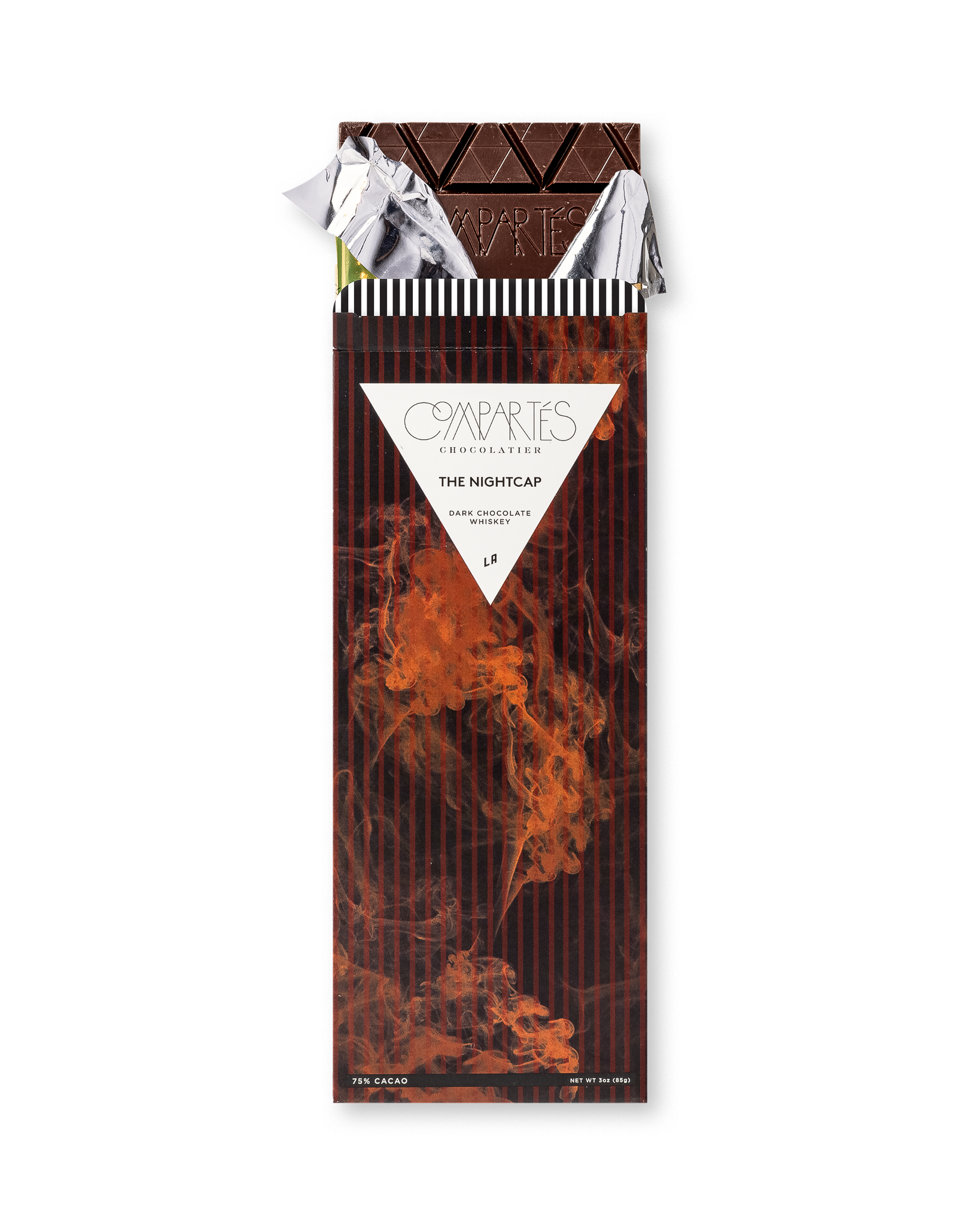 Compartes best nightcap whiskey chocolate bar gift, dark chocolate in an amber smoke wrapper