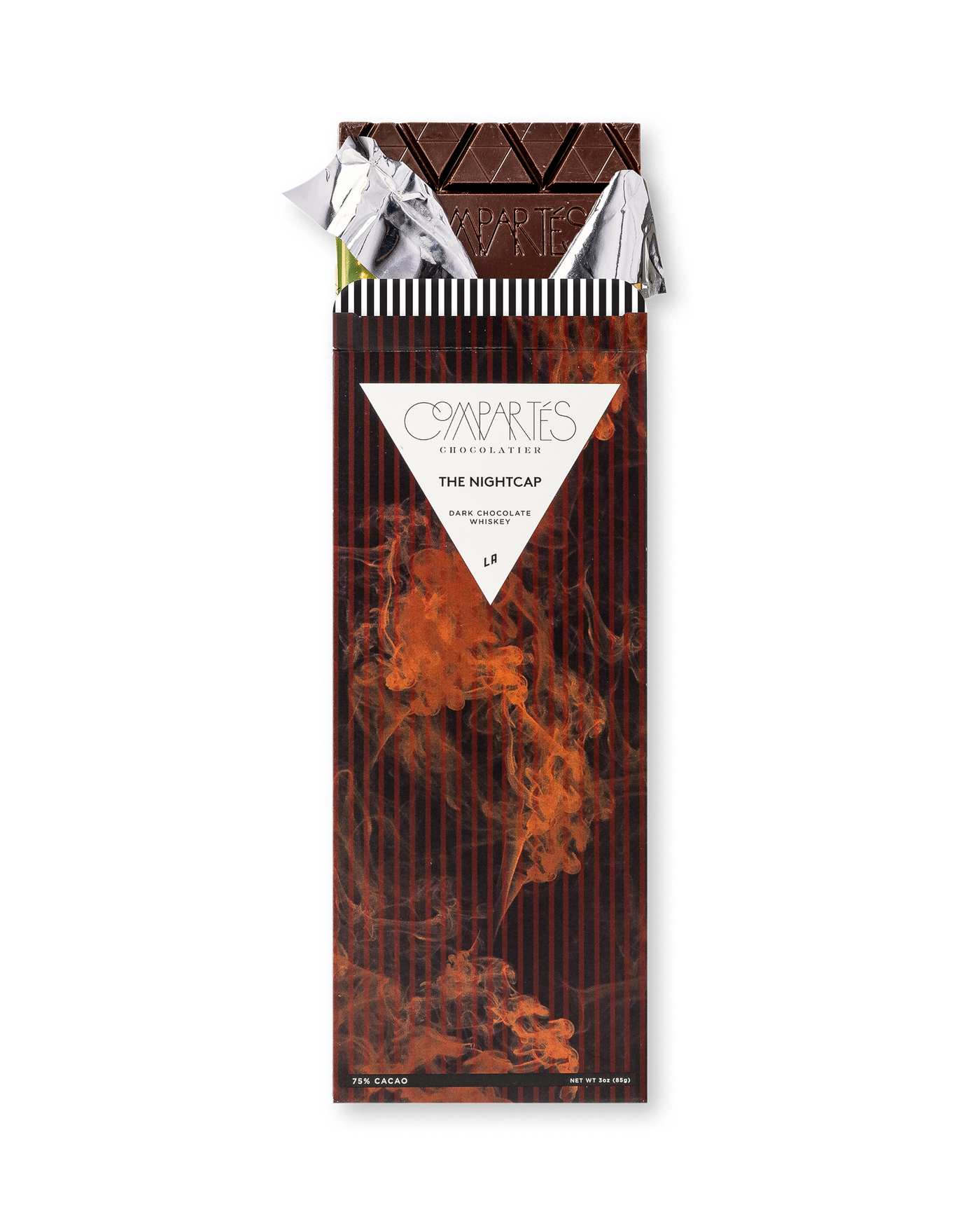 Compartes best nightcap whiskey chocolate bar gift, dark chocolate in an amber smoke wrapper