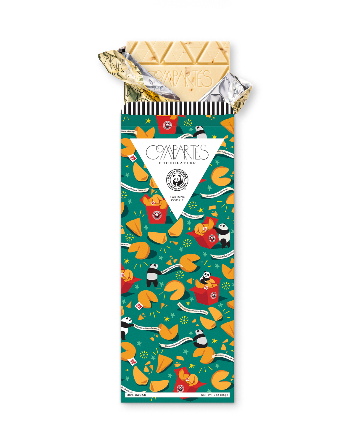 Compartes best Panda Express fortune cookie chocolate gift bar, teal wrapper with pandas, white chocolate