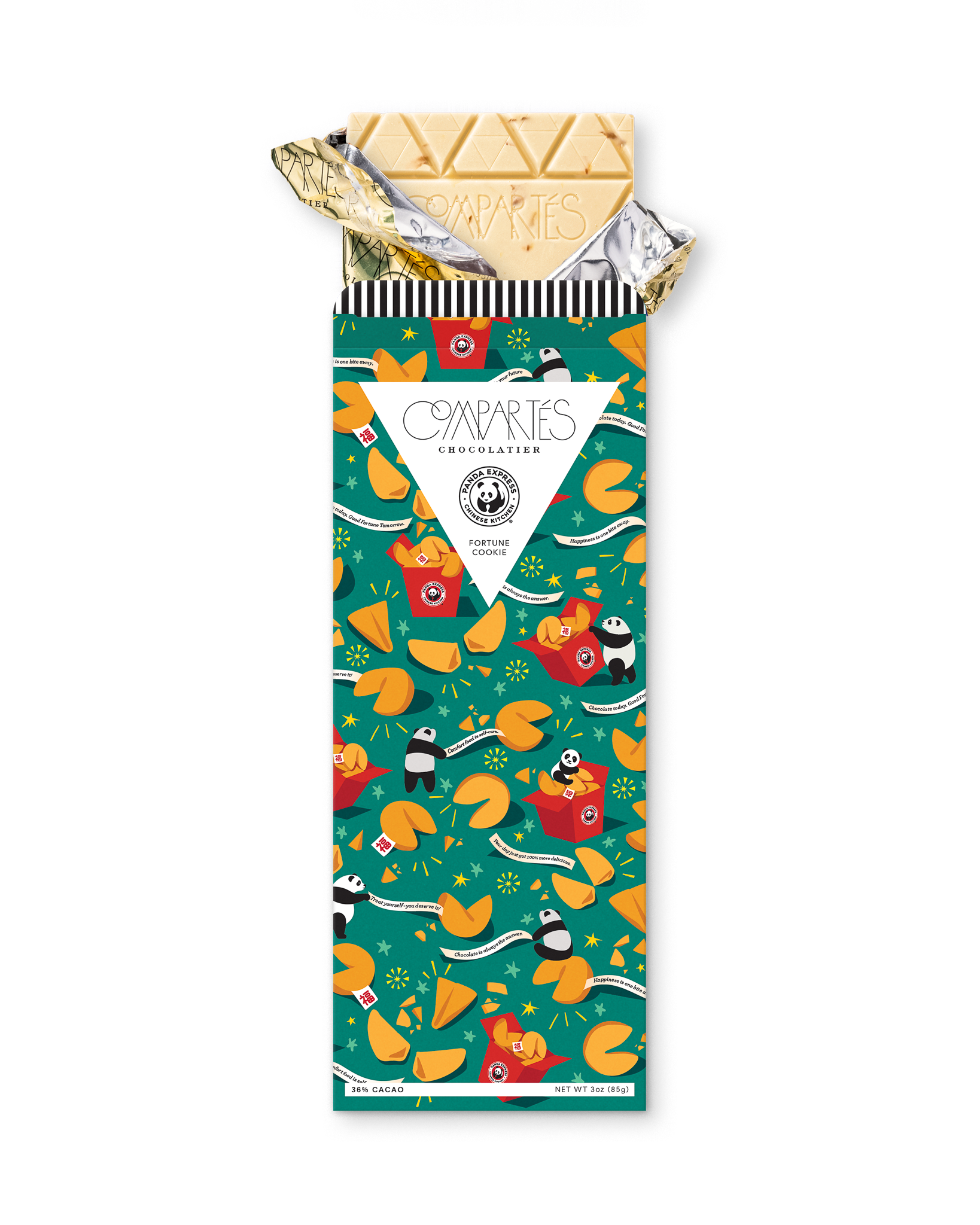 Compartes best Panda Express fortune cookie chocolate gift bar, teal wrapper with pandas, white chocolate