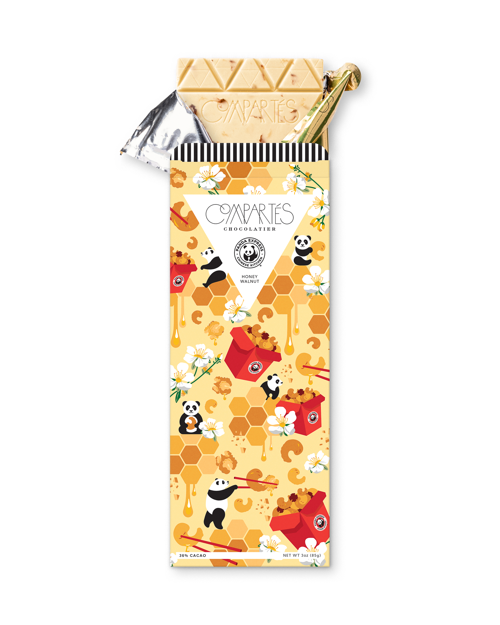 Compartes luxury Panda Express honey walnut chocolate gift bar, honeycomb and panda wrapper in soft gold