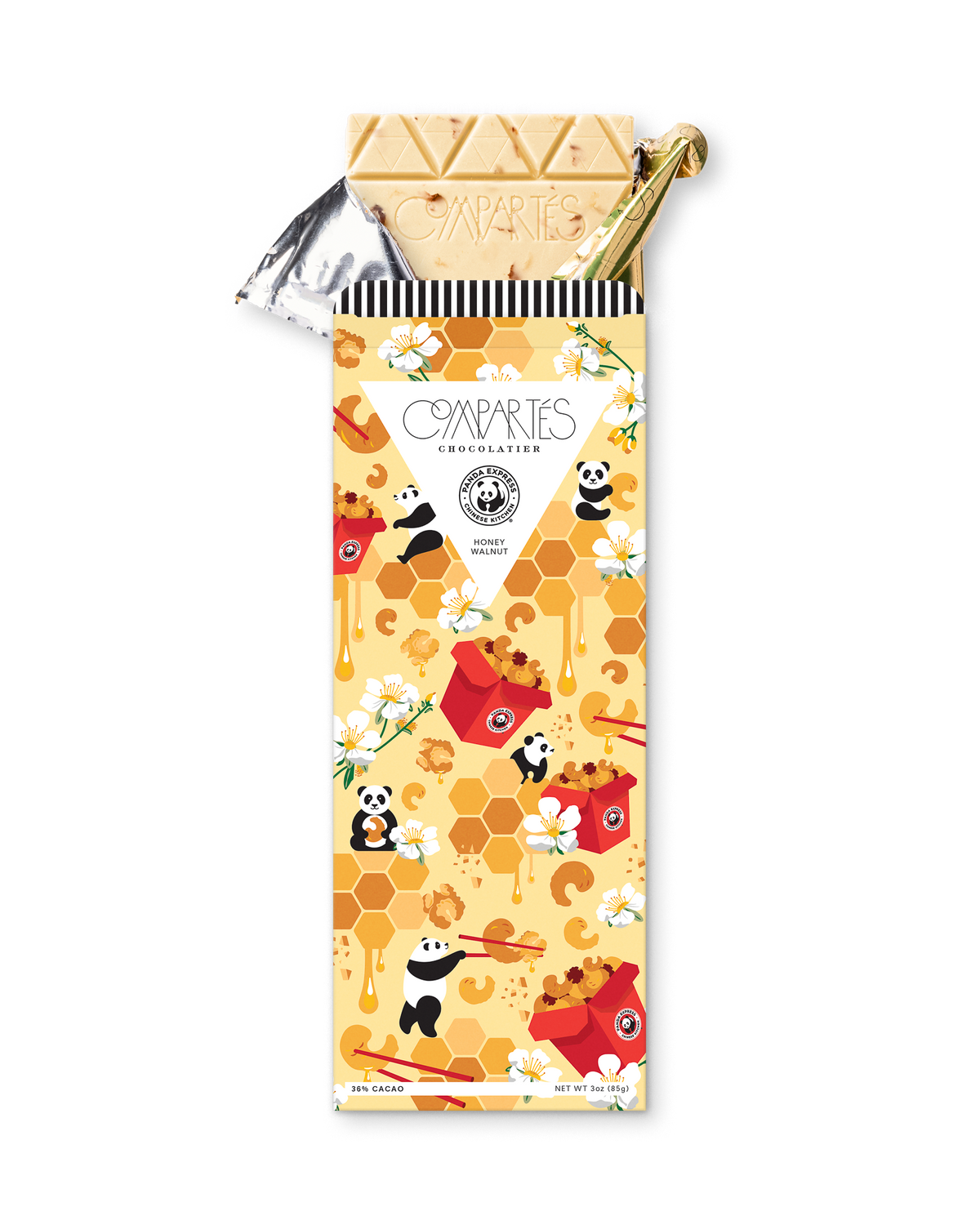 Compartes luxury Panda Express honey walnut chocolate gift bar, honeycomb and panda wrapper in soft gold