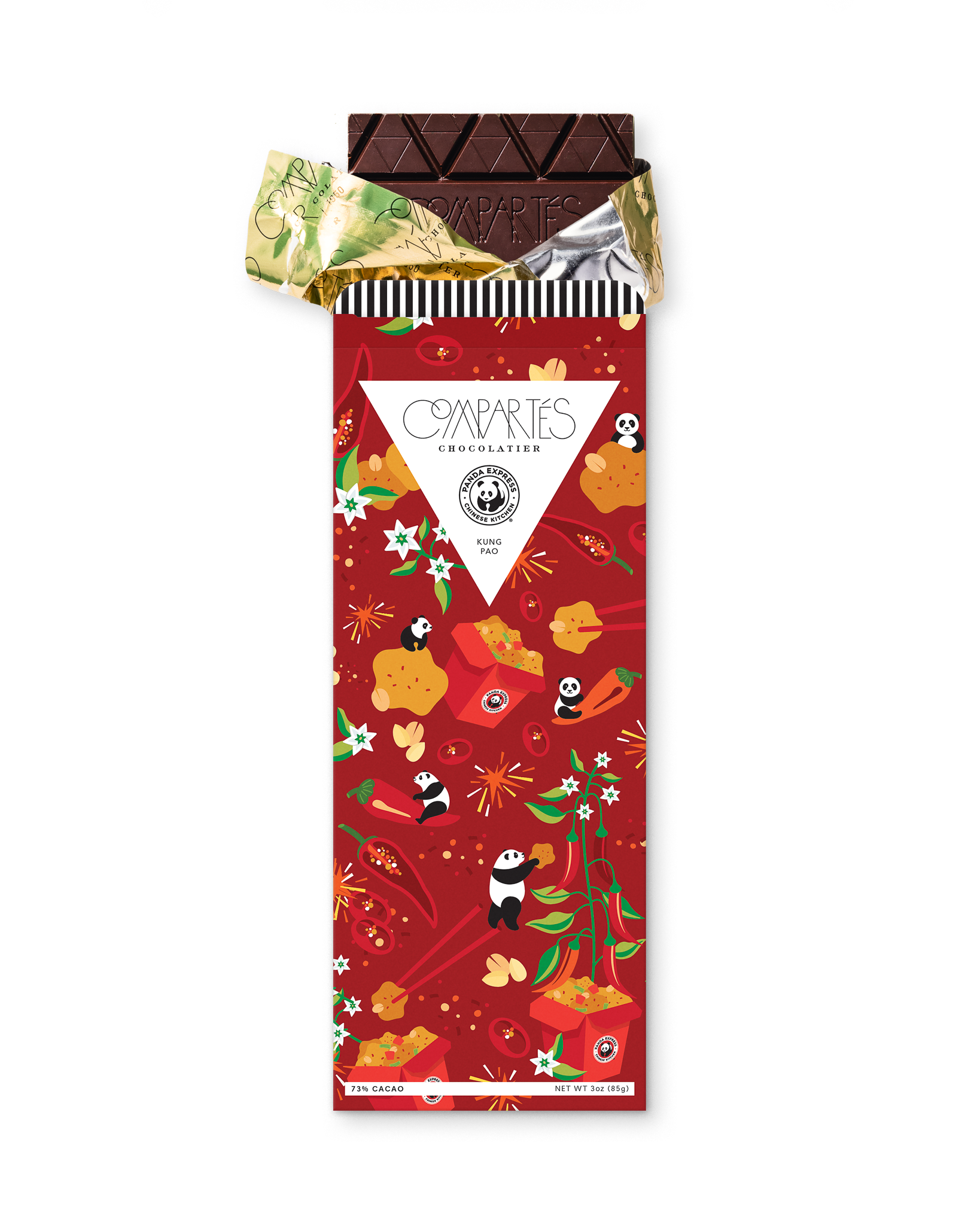Compartes luxury Panda Express kung pao chocolate bar, dark chocolate in a red panda print wrapper, chocolate gift
