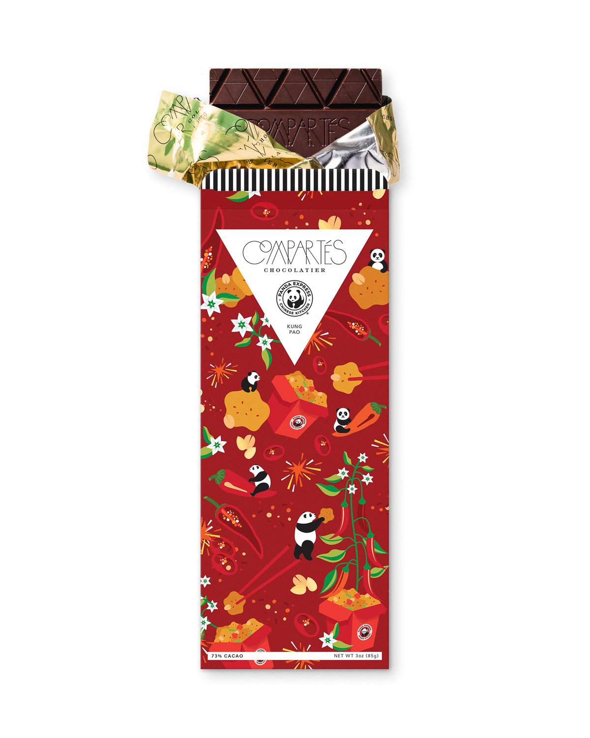 Compartes luxury Panda Express kung pao chocolate bar, dark chocolate in a red panda print wrapper, chocolate gift