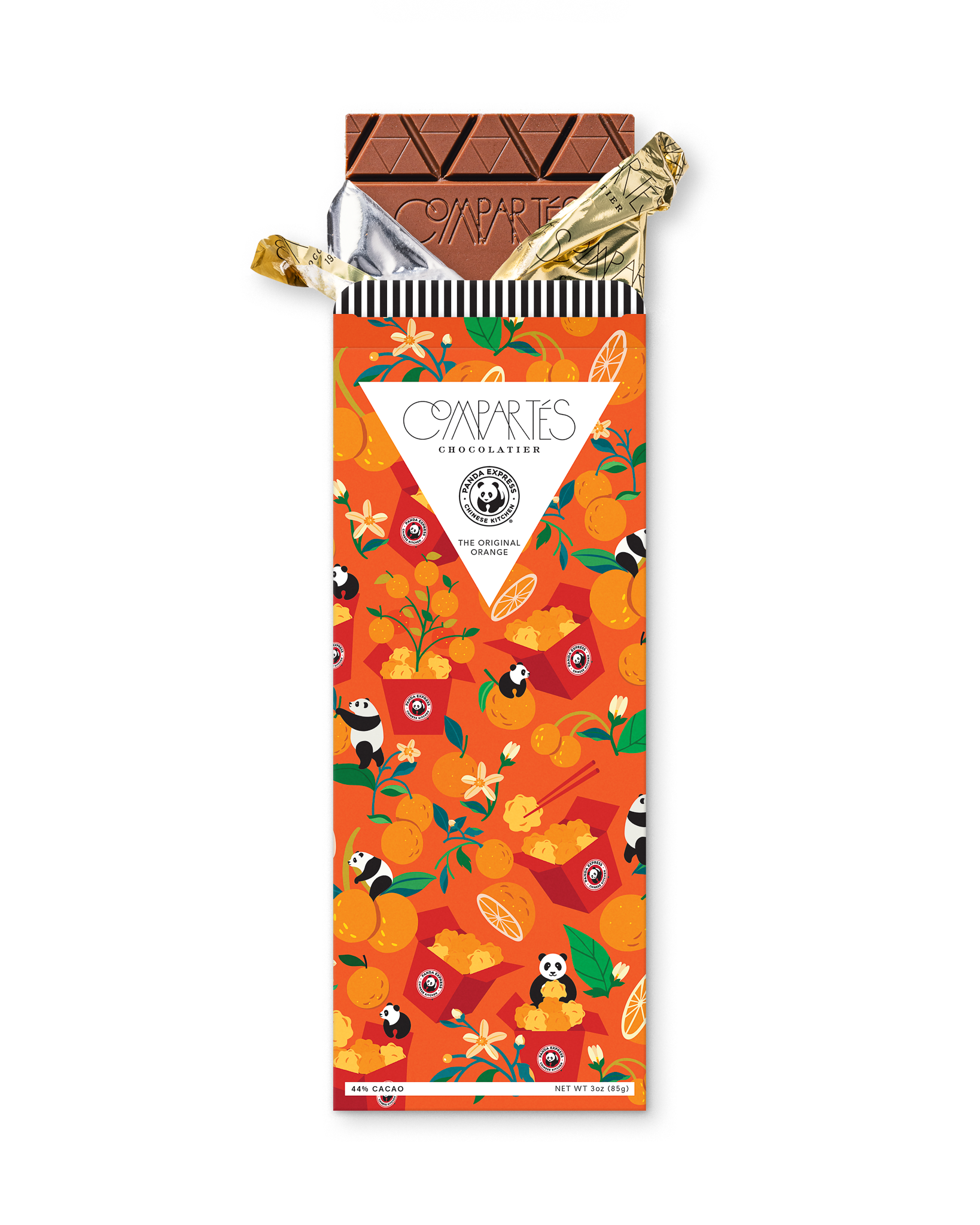 Compartes luxury Panda Express orange chocolate gift bar, deep orange wrapper with pandas and oranges, crisped rice and chili