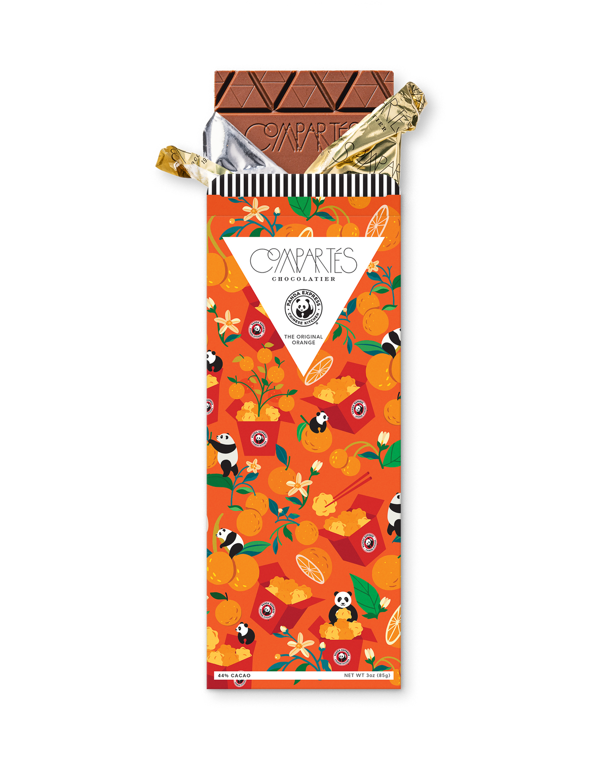 Compartes luxury Panda Express orange chocolate gift bar, deep orange wrapper with pandas and oranges, crisped rice and chili