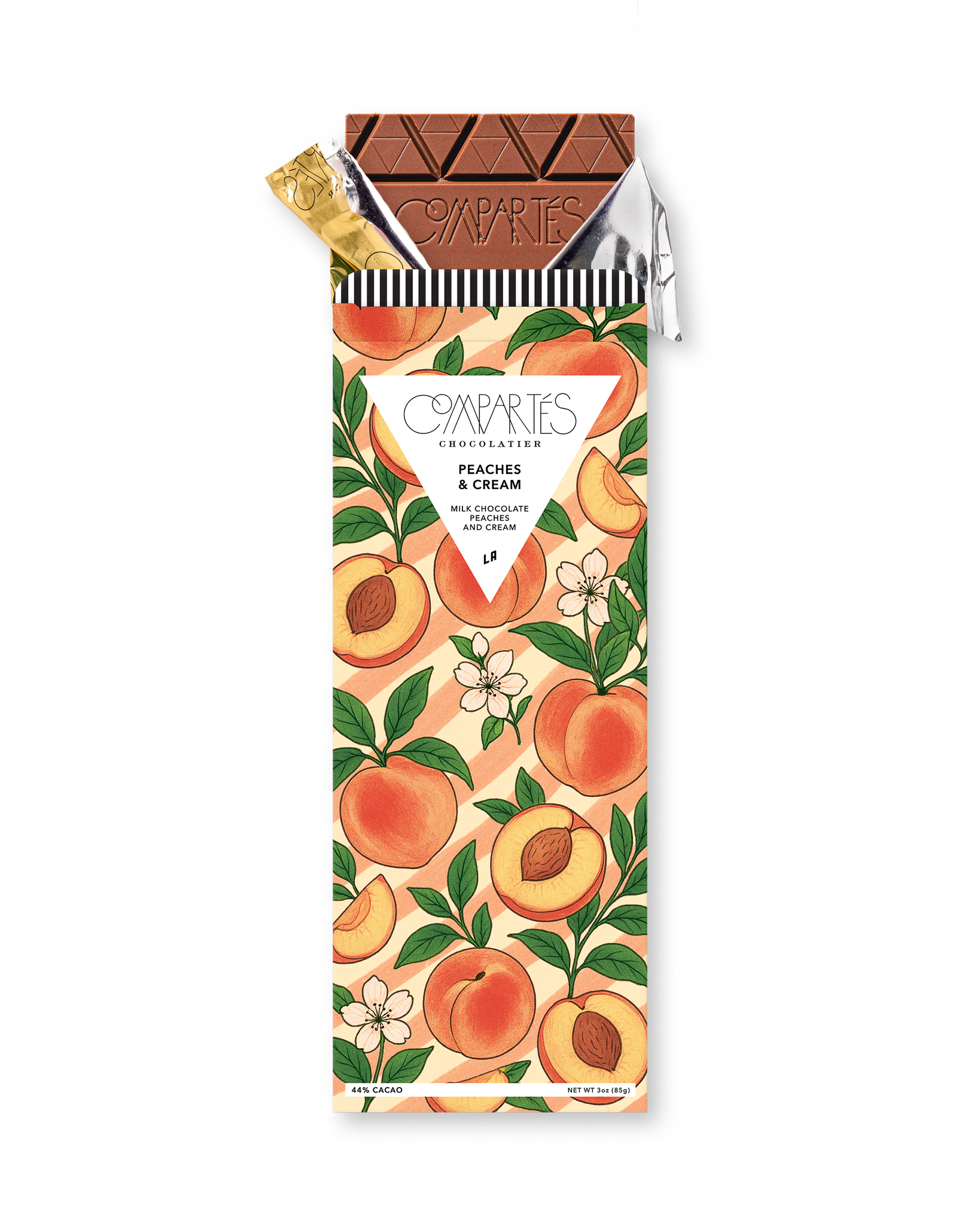 Compartes peaches and cream gourmet milk chocolate gift bar, peach and blossom wrapper in soft coral