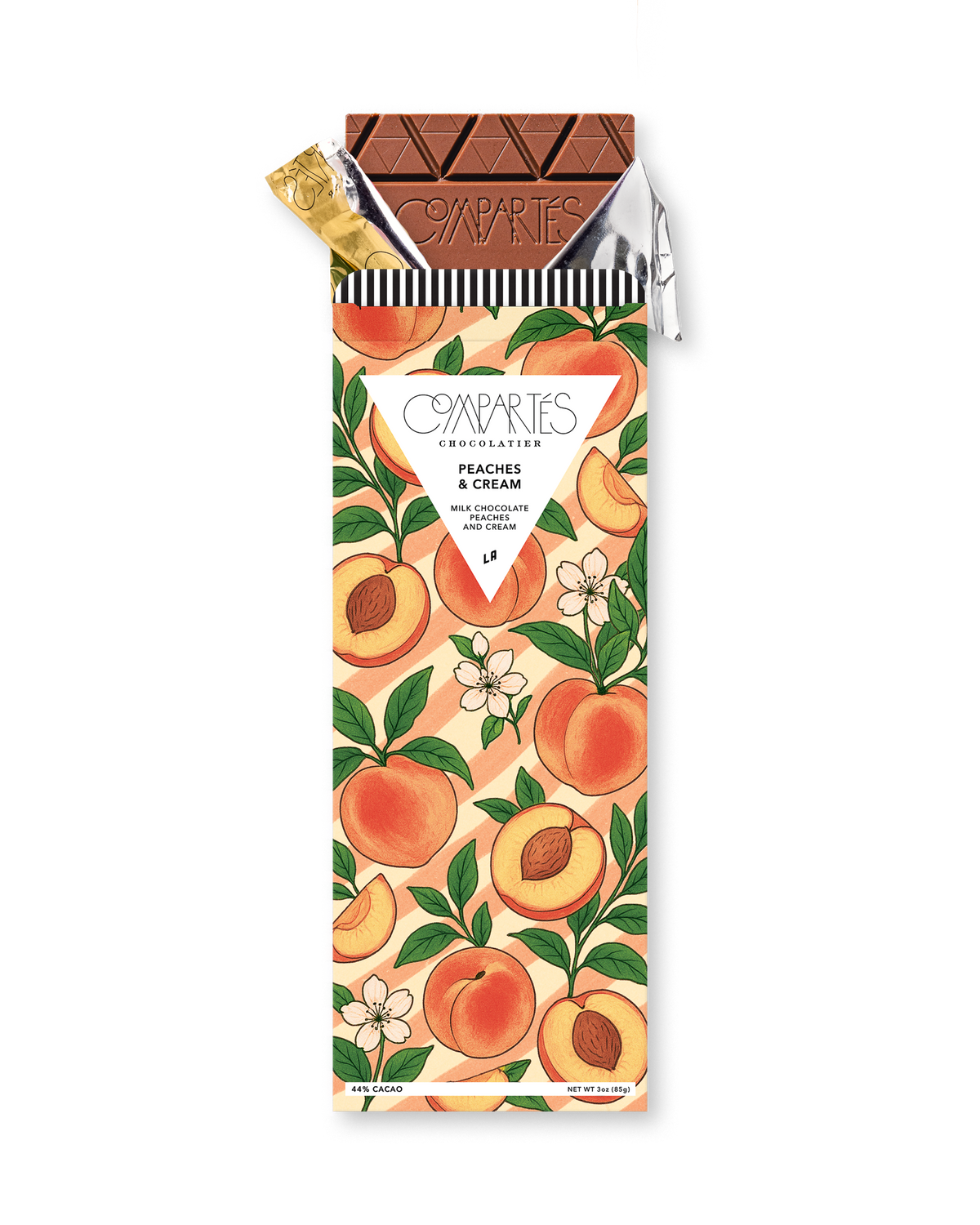 Compartes peaches and cream gourmet milk chocolate gift bar, peach and blossom wrapper in soft coral