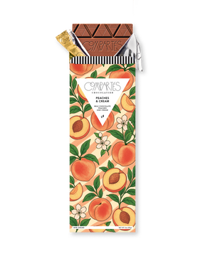 Compartes peaches and cream gourmet milk chocolate gift bar, peach and blossom wrapper in soft coral
