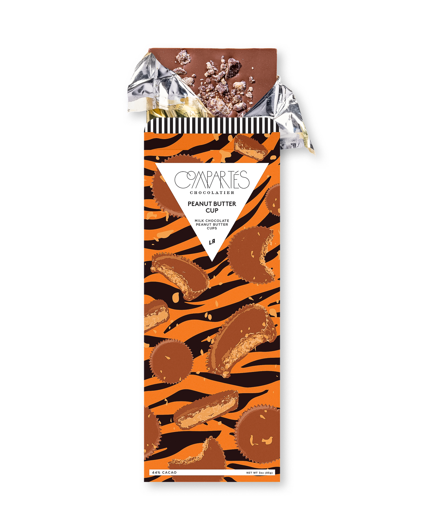 Compartes luxury chocolate gift bar, milk chocolate peanut butter cup in an orange tiger stripe wrapper