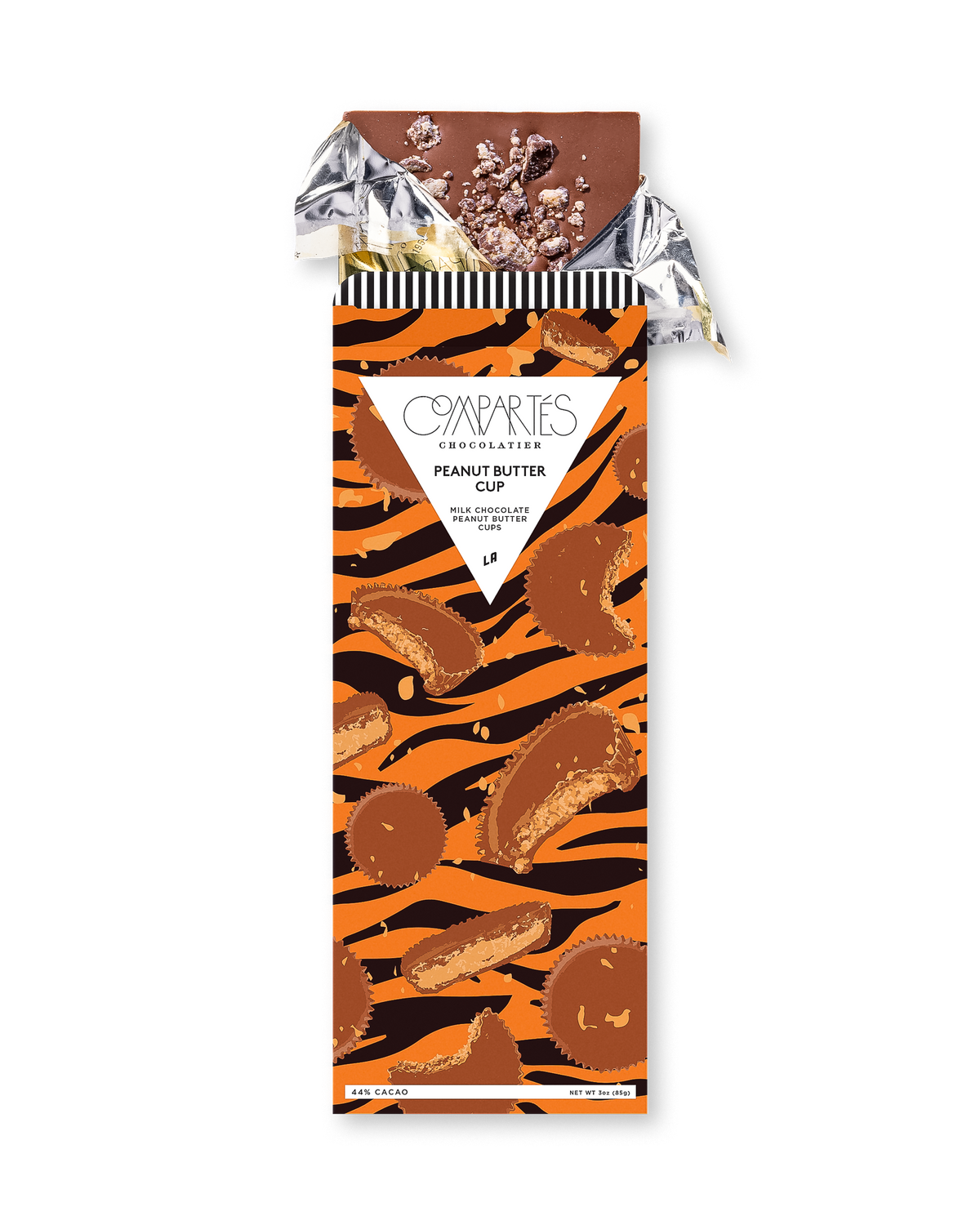 Compartes luxury chocolate gift bar, milk chocolate peanut butter cup in an orange tiger stripe wrapper