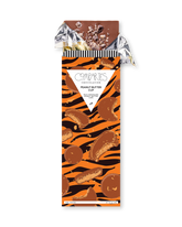Compartes luxury chocolate gift bar, milk chocolate peanut butter cup in an orange tiger stripe wrapper