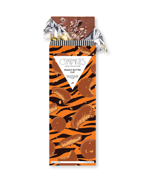Compartes luxury chocolate gift bar, milk chocolate peanut butter cup in an orange tiger stripe wrapper