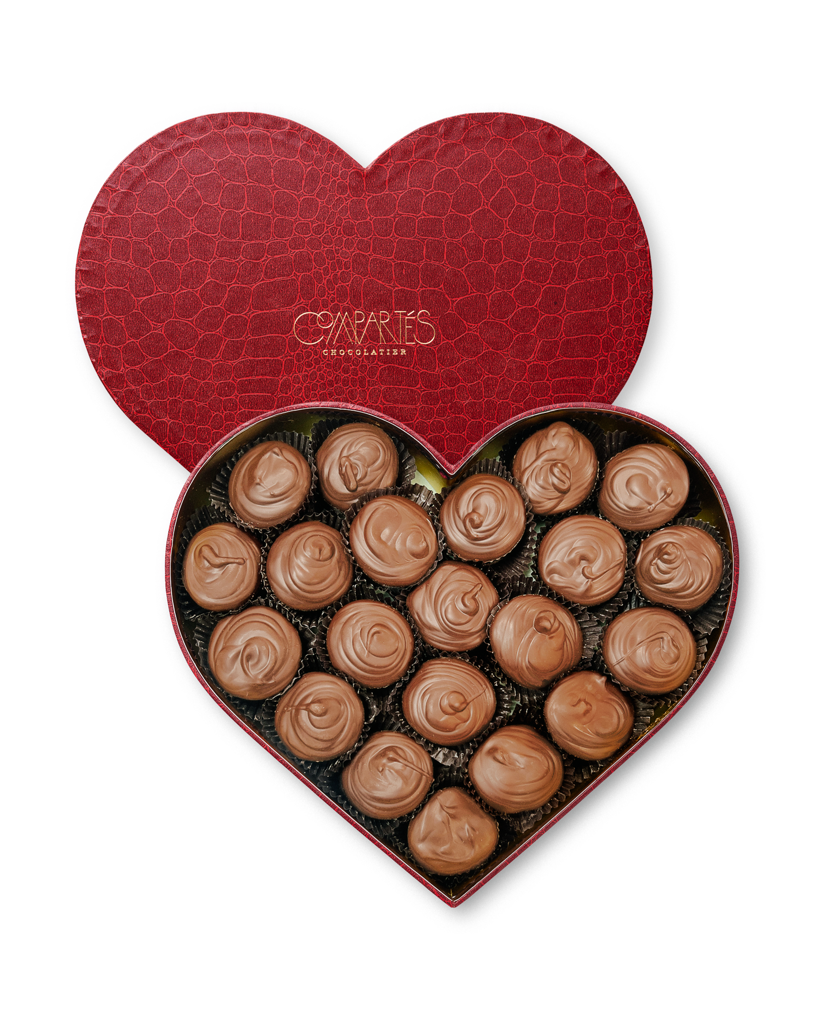 Compartes gourmet peanut butter cups in a deep red heart gift box, milk chocolate swirls, Valentine's chocolate
