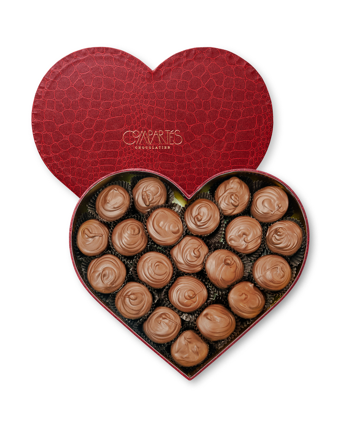 Compartes gourmet peanut butter cups in a deep red heart gift box, milk chocolate swirls, Valentine's chocolate