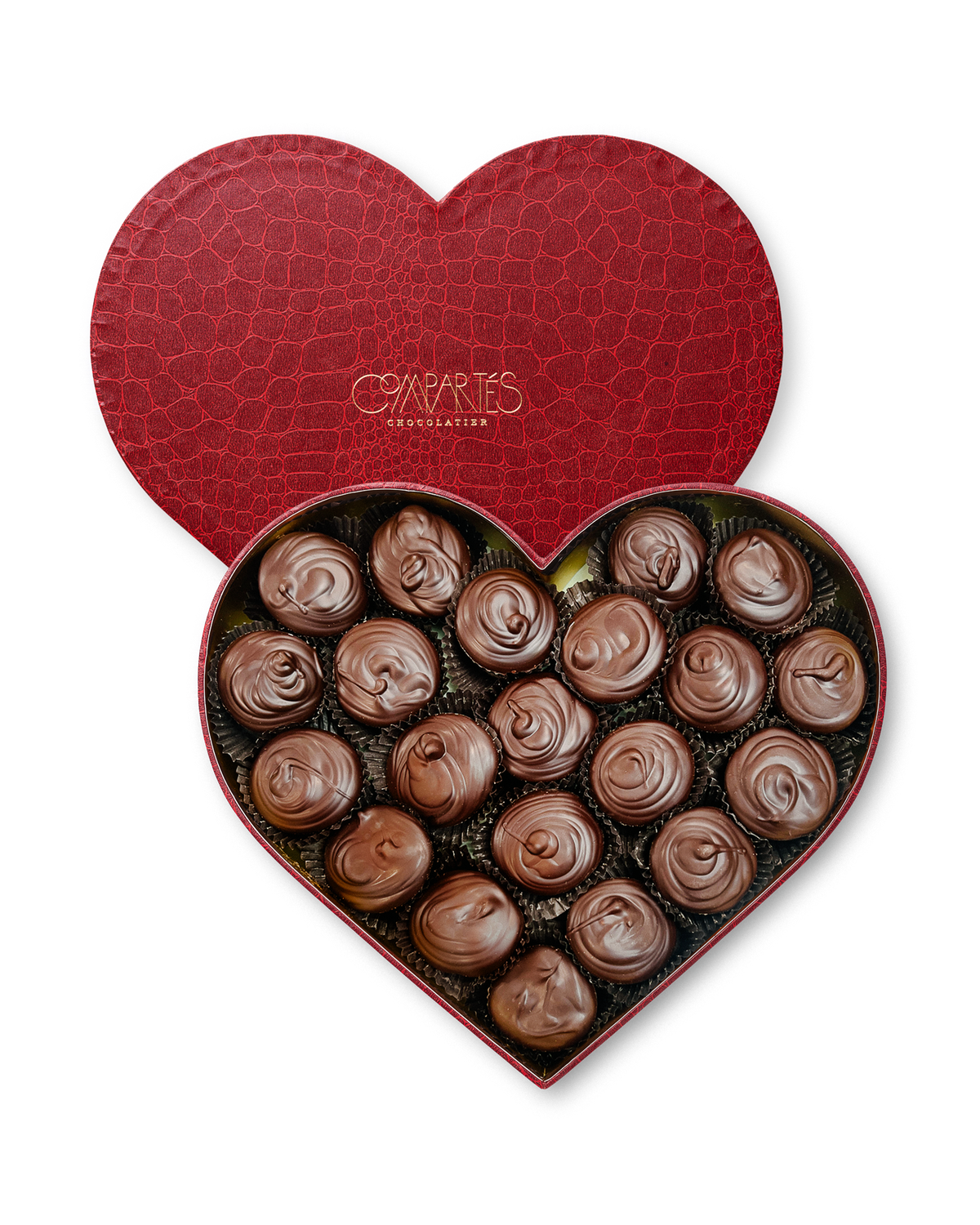 Compartes gourmet peanut butter lovers chocolate heart, deep red heart gift box of swirled chocolate cups