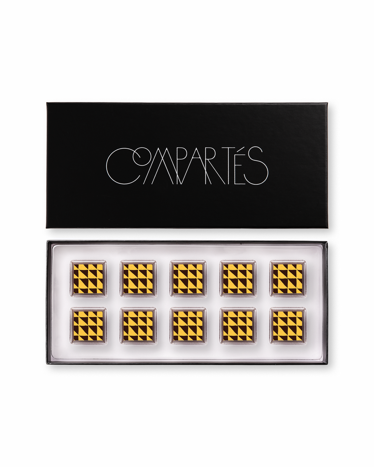 Compartes peanut butter sea salt gourmet chocolates, squares in deep gold and black triangles, chocolate gift