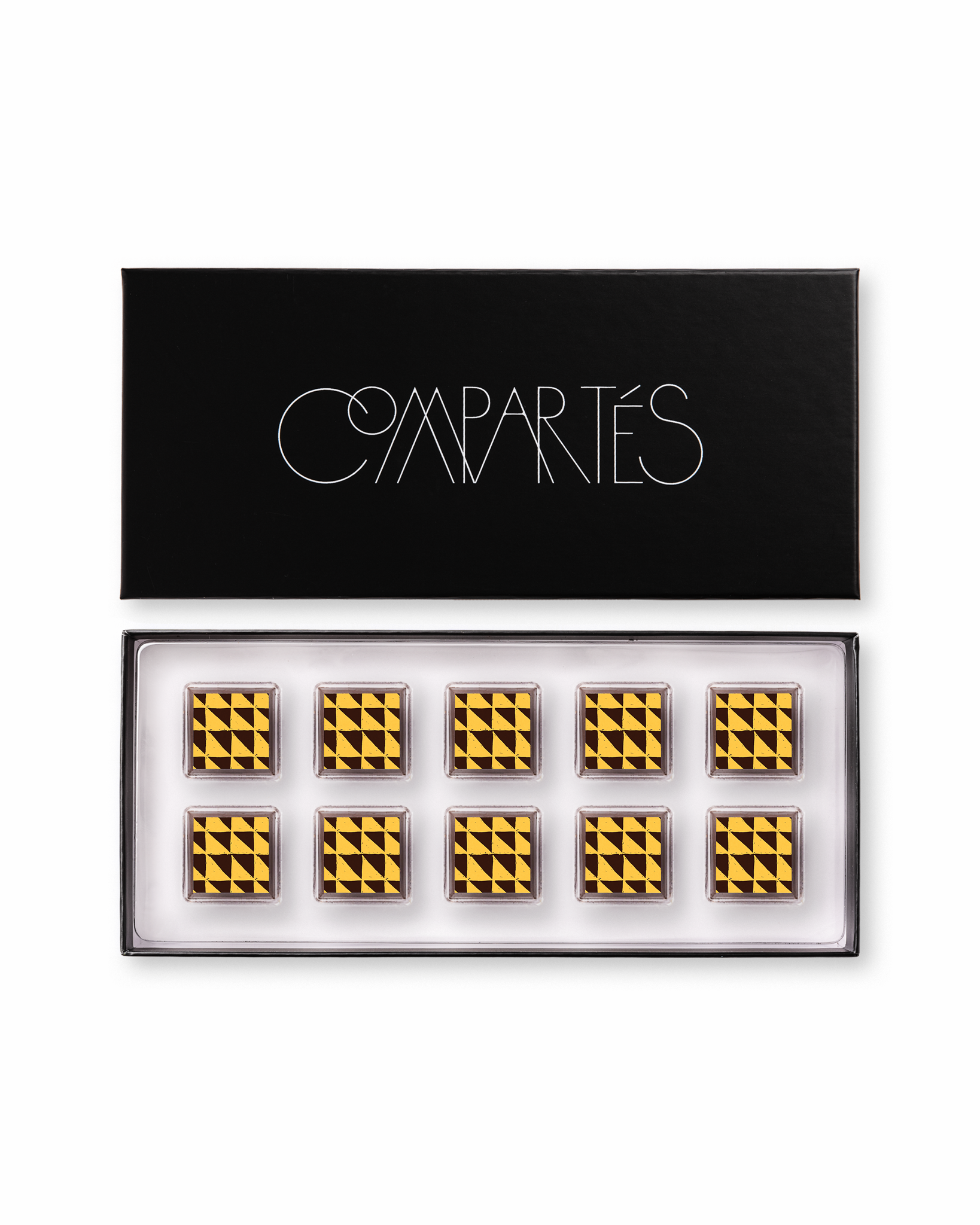 Compartes peanut butter sea salt gourmet chocolates, squares in deep gold and black triangles, chocolate gift