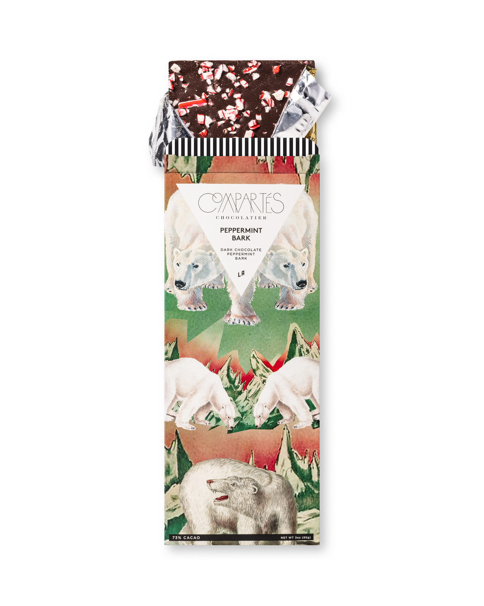 Compartes luxury peppermint bark dark chocolate bar, Christmas gift with candy cane and polar bear art