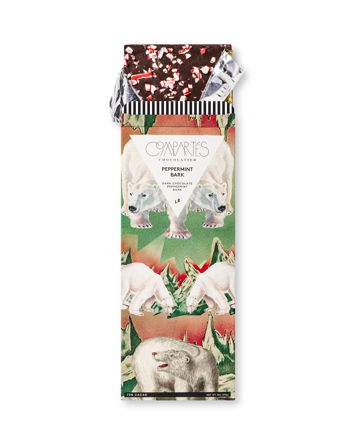 Compartes luxury peppermint bark dark chocolate bar, Christmas gift with candy cane and polar bear art