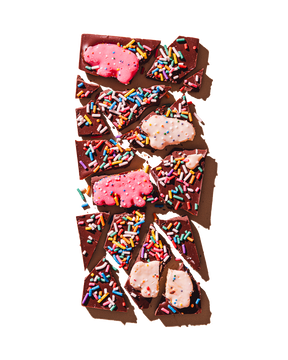 Compartes best chocolate gift, dark chocolate bar with pink frosted animal cookies and sprinkles