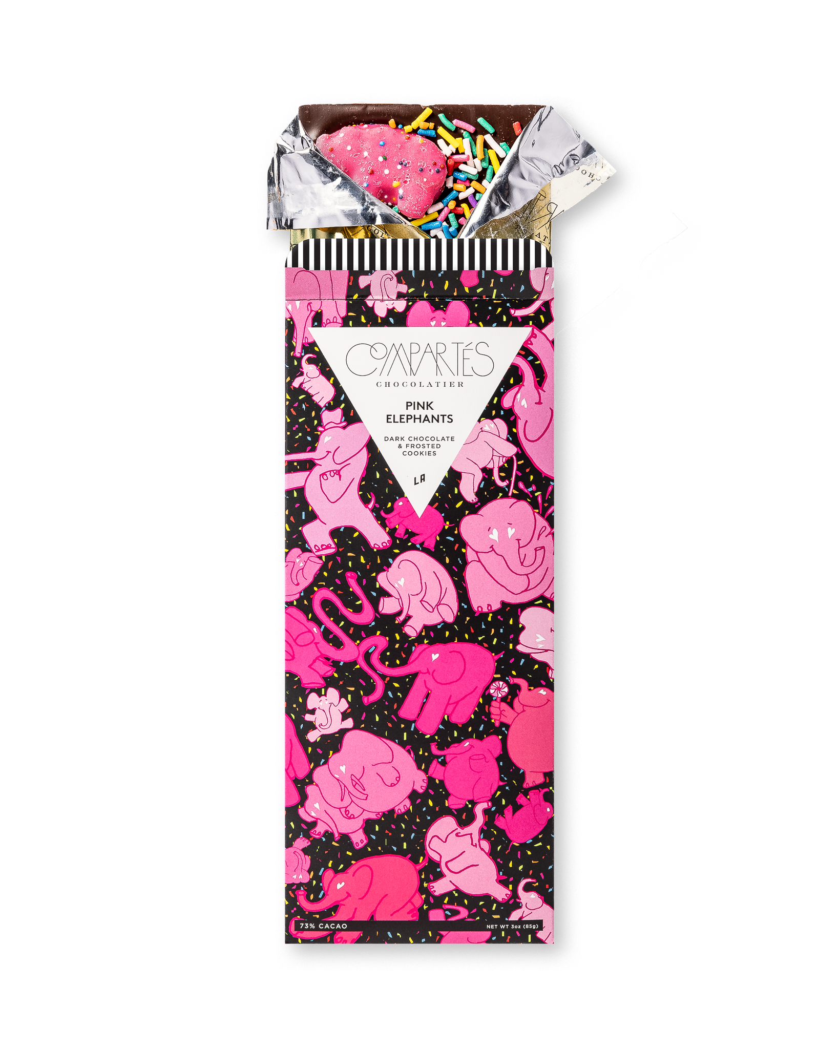 Compartes best pink elephants chocolate gift bar, deep pink elephant wrapper, dark chocolate with frosting