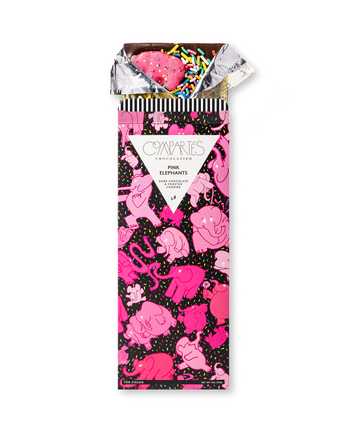 Compartes best pink elephants chocolate gift bar, deep pink elephant wrapper, dark chocolate with frosting