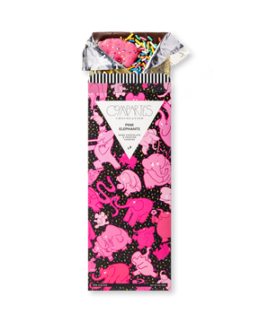 Compartes best pink elephants chocolate gift bar, deep pink elephant wrapper, dark chocolate with frosting