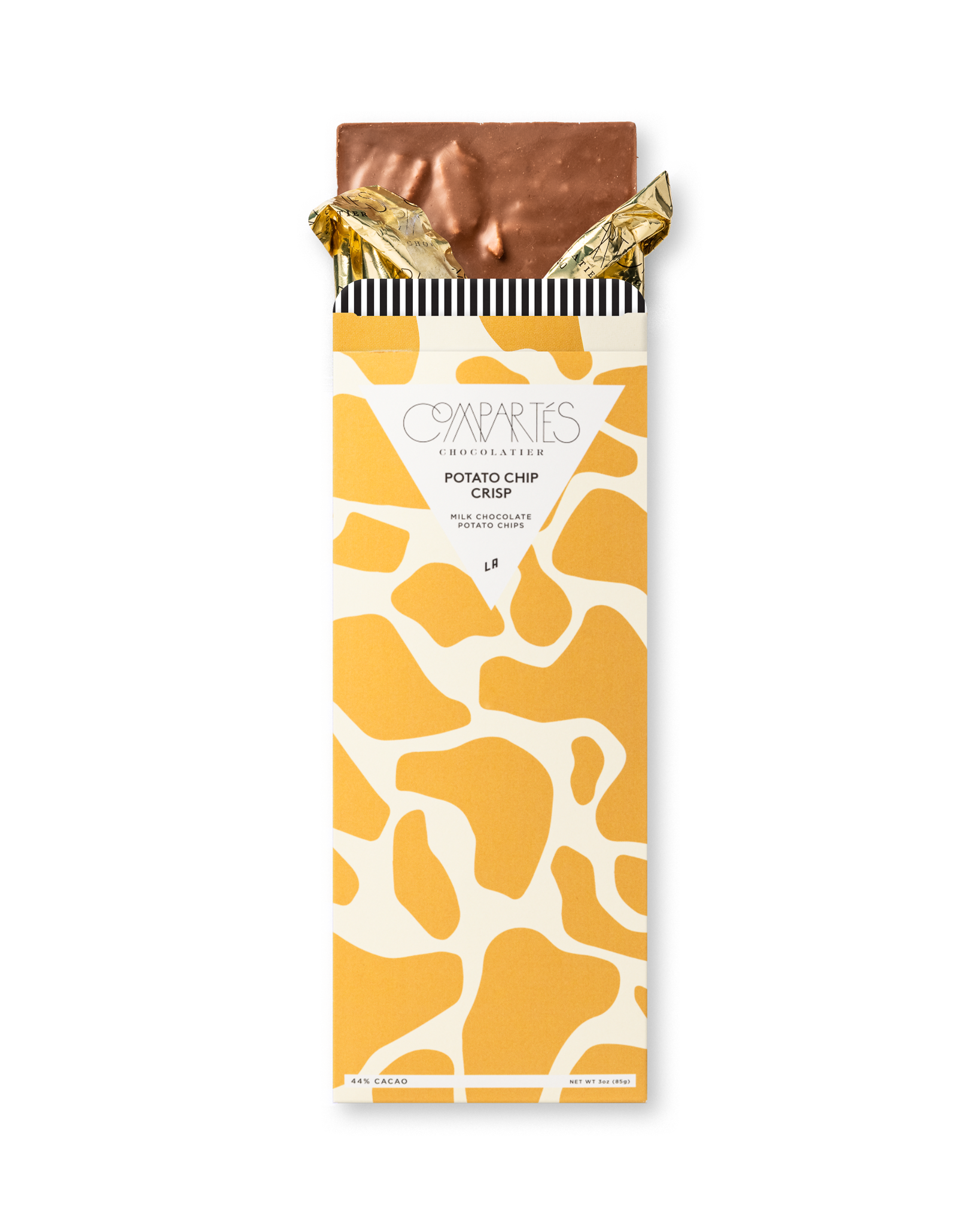 Compartes luxury potato chip crisp chocolate bar gift, milk chocolate in a golden yellow and cream wrapper