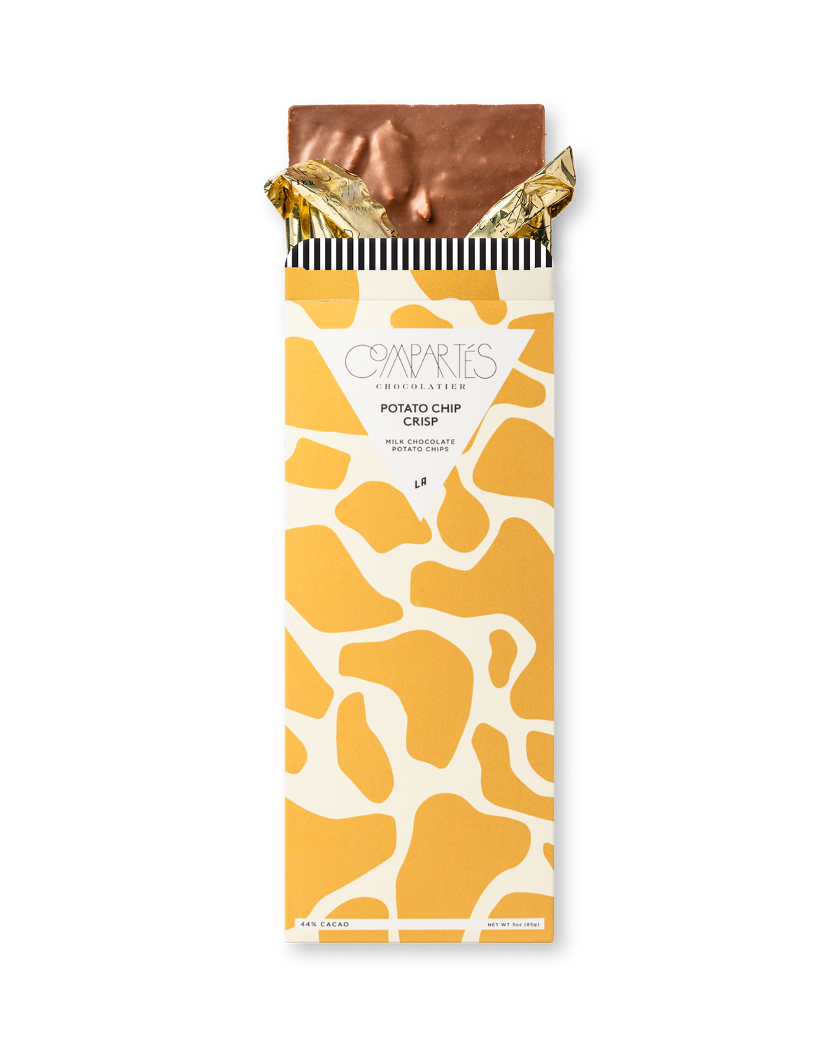 Compartes luxury potato chip crisp chocolate bar gift, milk chocolate in a golden yellow and cream wrapper