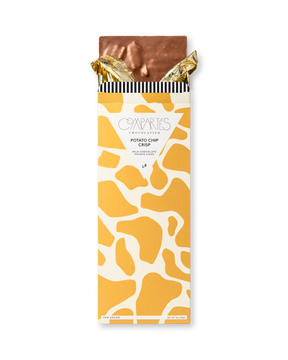 Compartes luxury potato chip crisp chocolate bar gift, milk chocolate in a golden yellow and cream wrapper