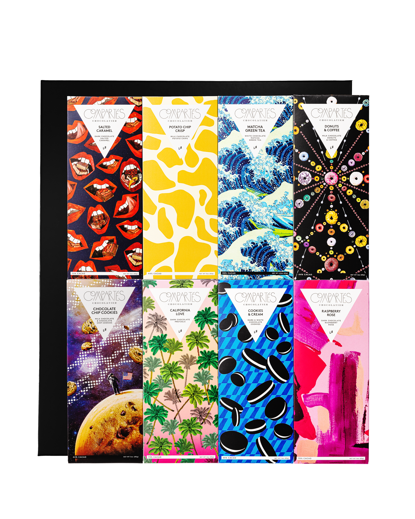 Compartes best premium chocolate bar gift set, illustrated wrappers laid in a black chocolate gift box