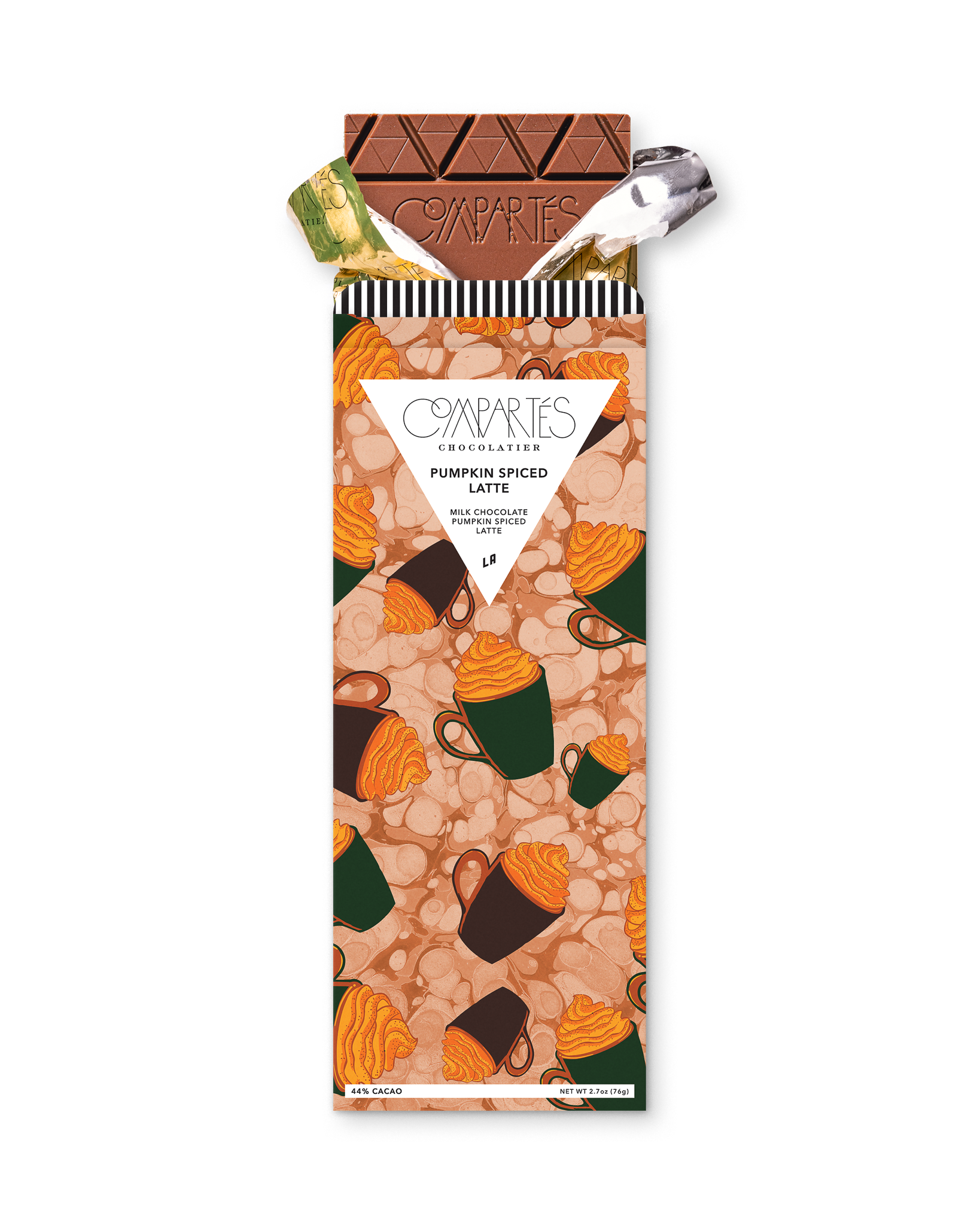 Compartes best pumpkin spiced latte chocolate bar gift, milk chocolate in a green mug and orange cream wrapper