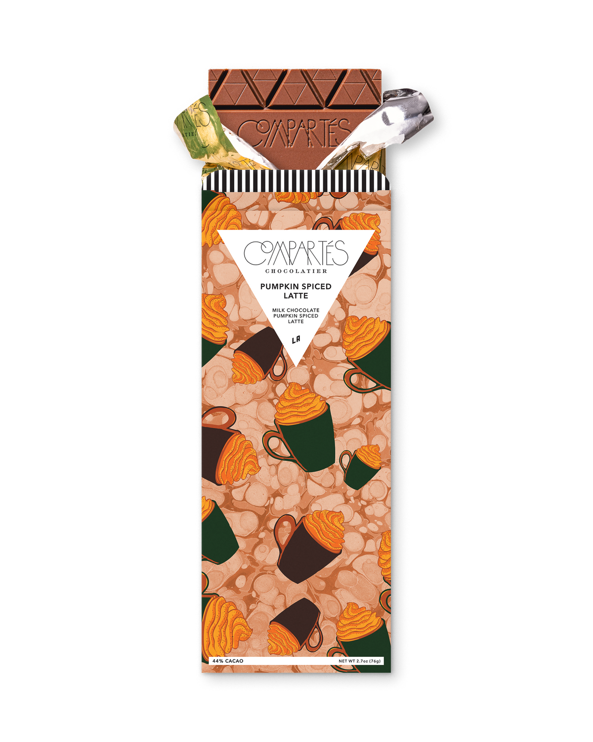 Compartes best pumpkin spiced latte chocolate bar gift, milk chocolate in a green mug and orange cream wrapper