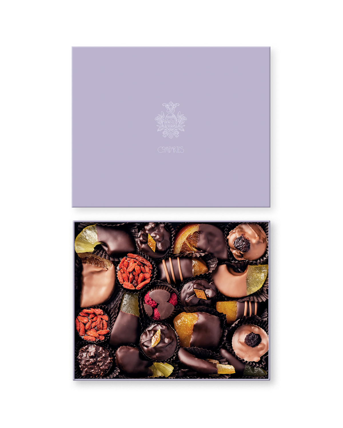 Compartes luxury purple chocolate dipped fruits gift box, dark chocolate fruits under a lavender lid