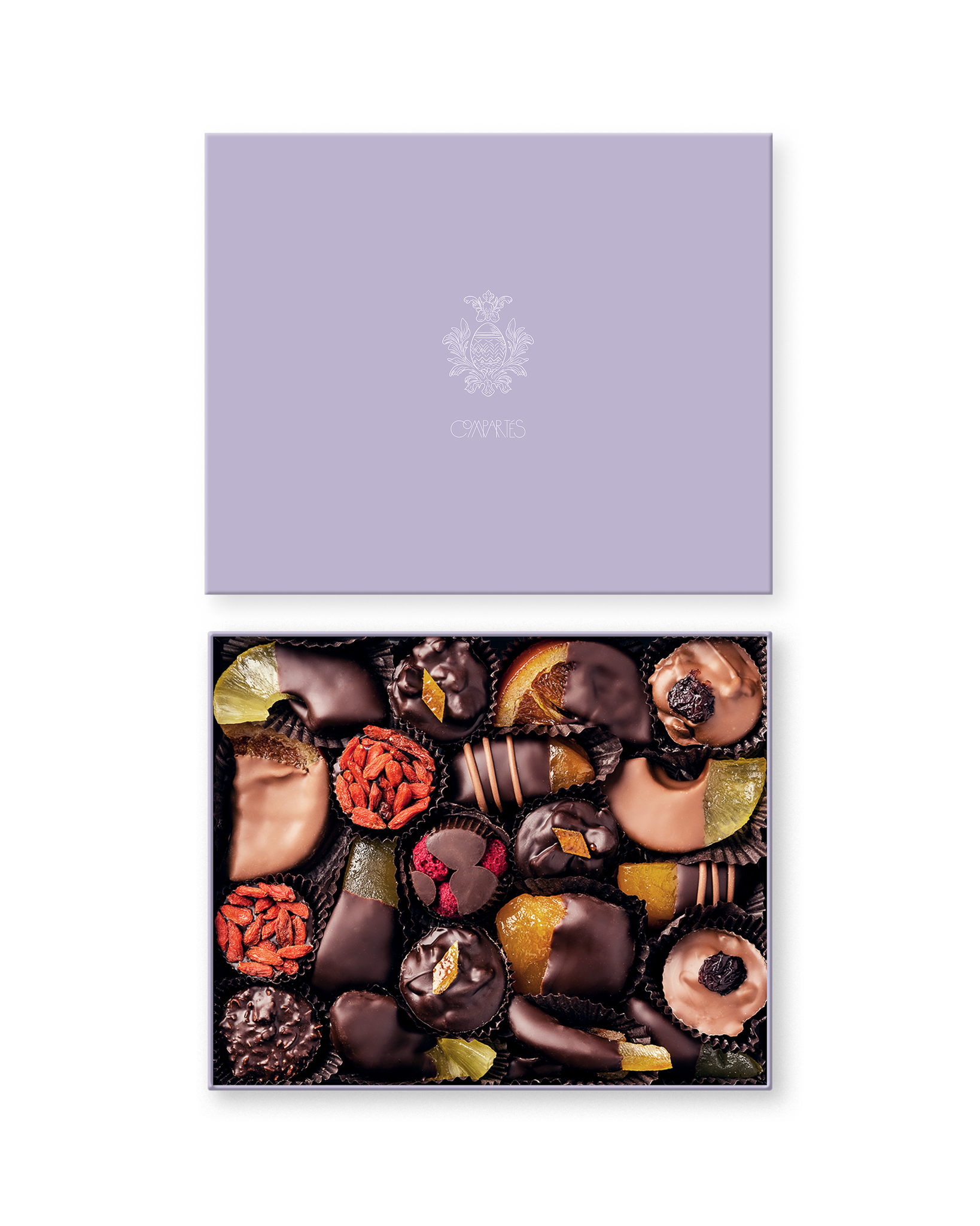 Compartes luxury purple chocolate dipped fruits gift box, dark chocolate fruits under a lavender lid