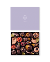 Compartes luxury purple chocolate dipped fruits gift box, dark chocolate fruits under a lavender lid