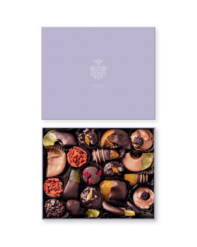 Compartes luxury purple chocolate dipped fruits gift box, dark chocolate fruits under a lavender lid