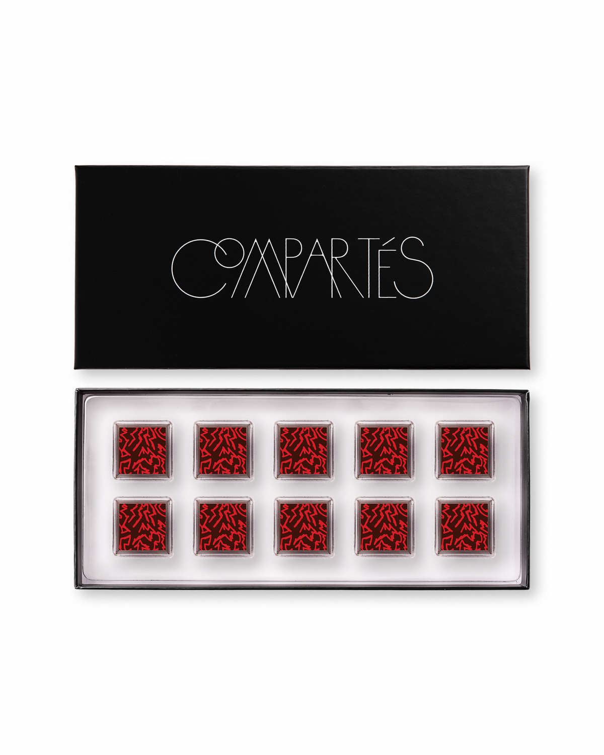 Compartes luxury raspberry chocolate truffles gift box, squares in deep red and black patterns
