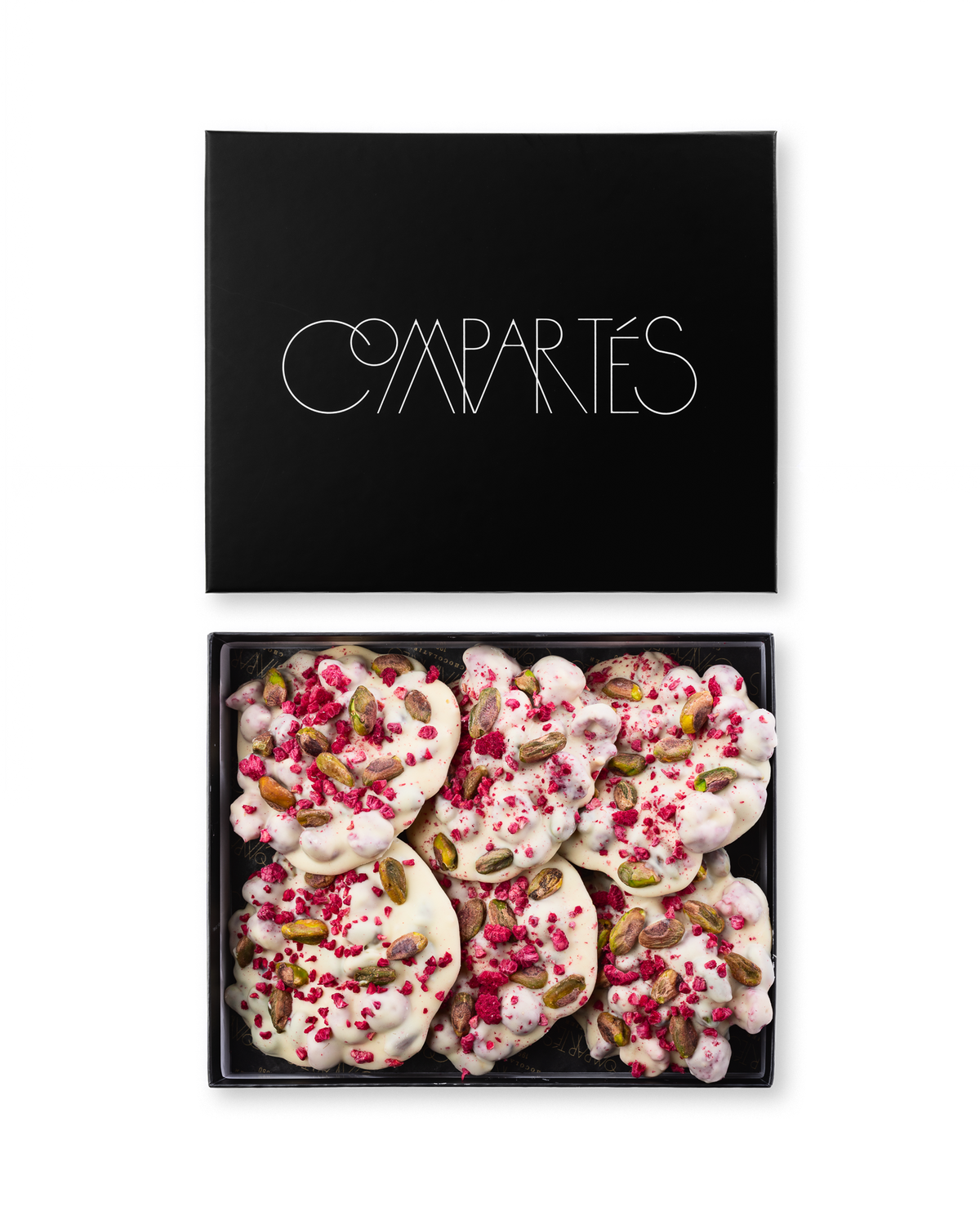 Compartes gourmet raspberry pistachio white chocolate bark, deep pink raspberry and green pistachio, chocolate gift