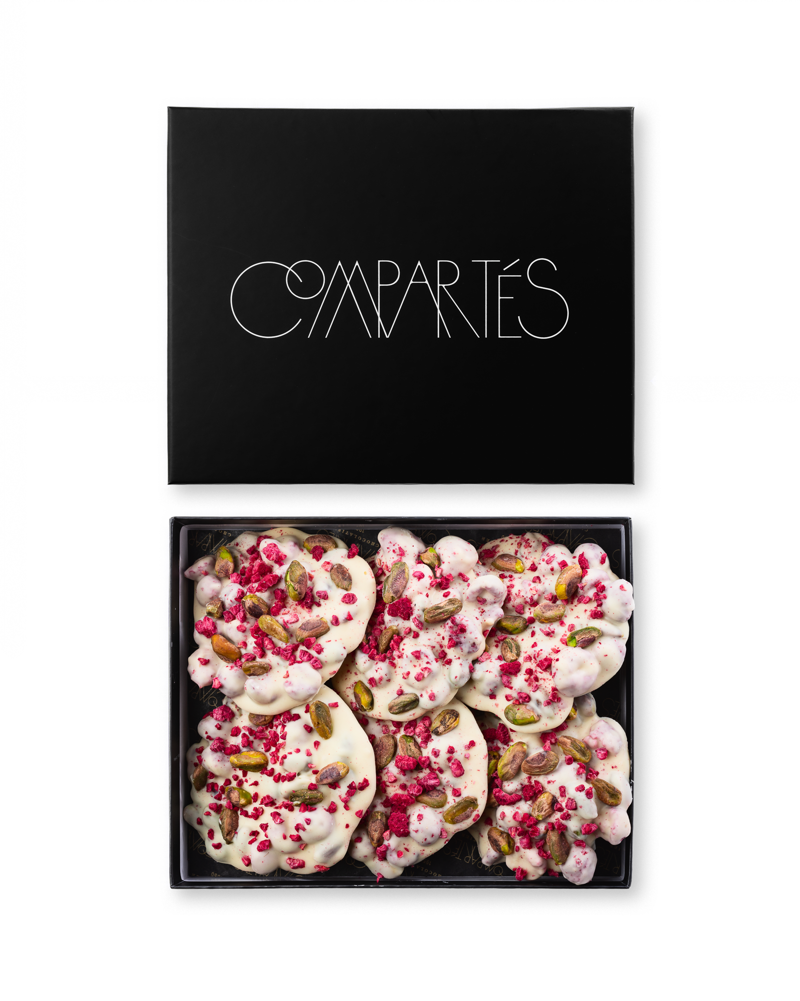 Compartes gourmet raspberry pistachio white chocolate bark, deep pink raspberry and green pistachio, chocolate gift