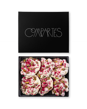 Compartes gourmet raspberry pistachio white chocolate bark, deep pink raspberry and green pistachio, chocolate gift