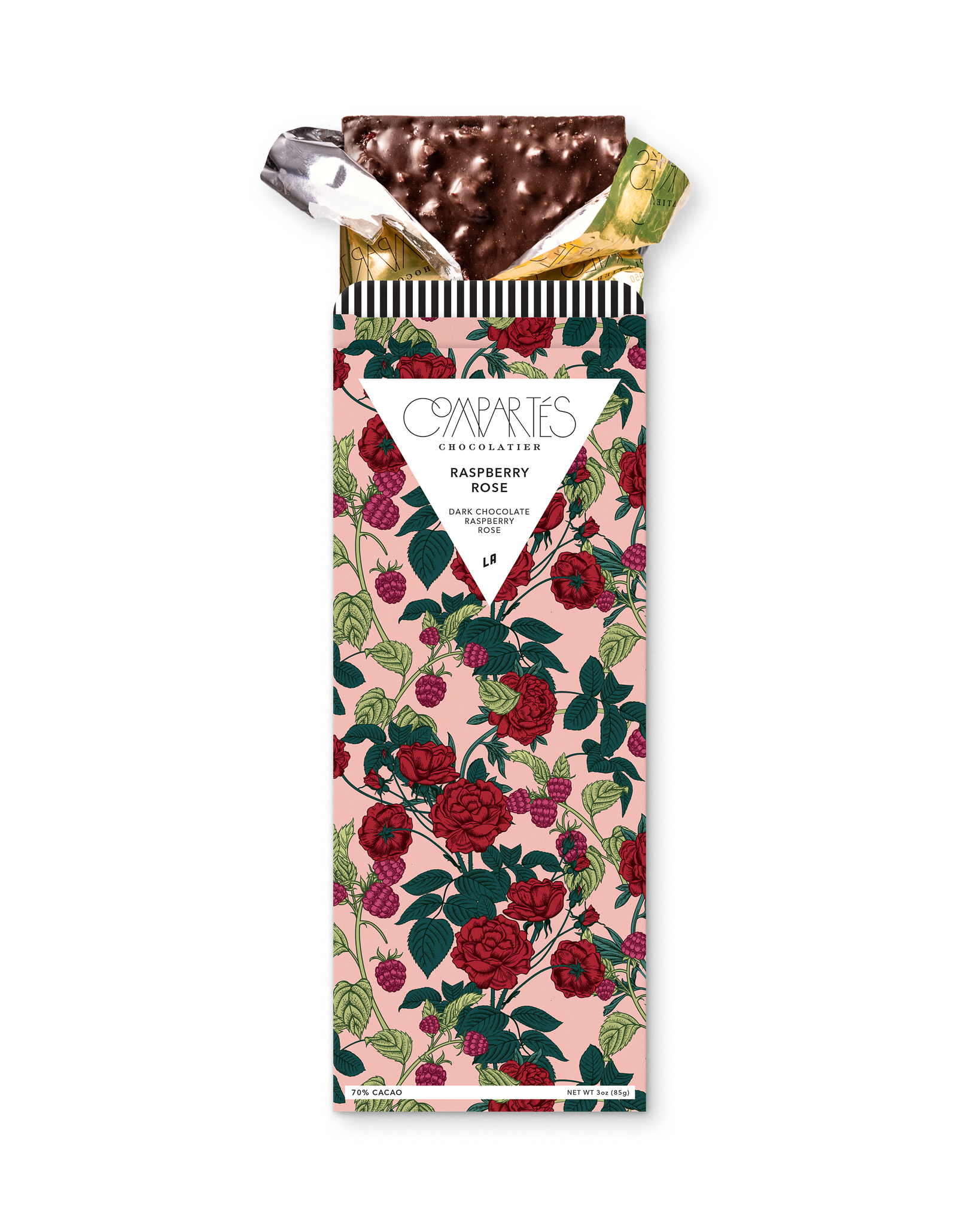 Compartes gourmet chocolate gift bar, dark chocolate raspberry rose in a pink and deep red rose wrapper