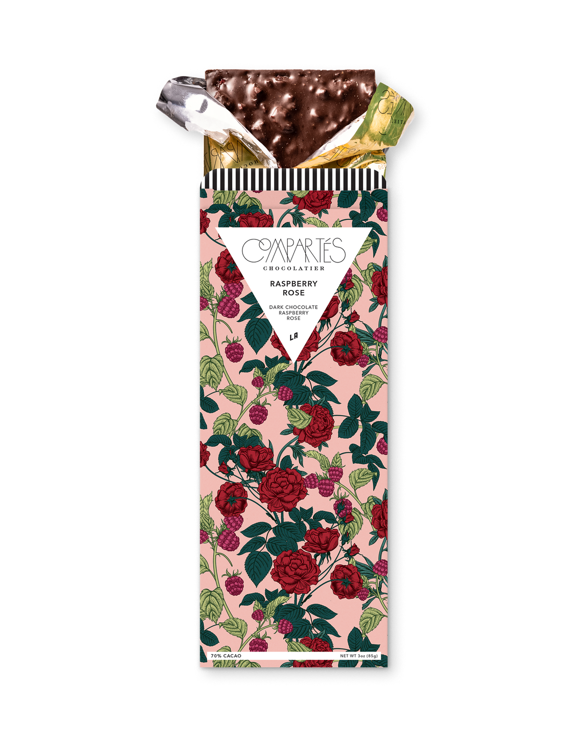Compartes gourmet chocolate gift bar, dark chocolate raspberry rose in a pink and deep red rose wrapper