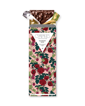Compartes gourmet chocolate gift bar, dark chocolate raspberry rose in a pink and deep red rose wrapper