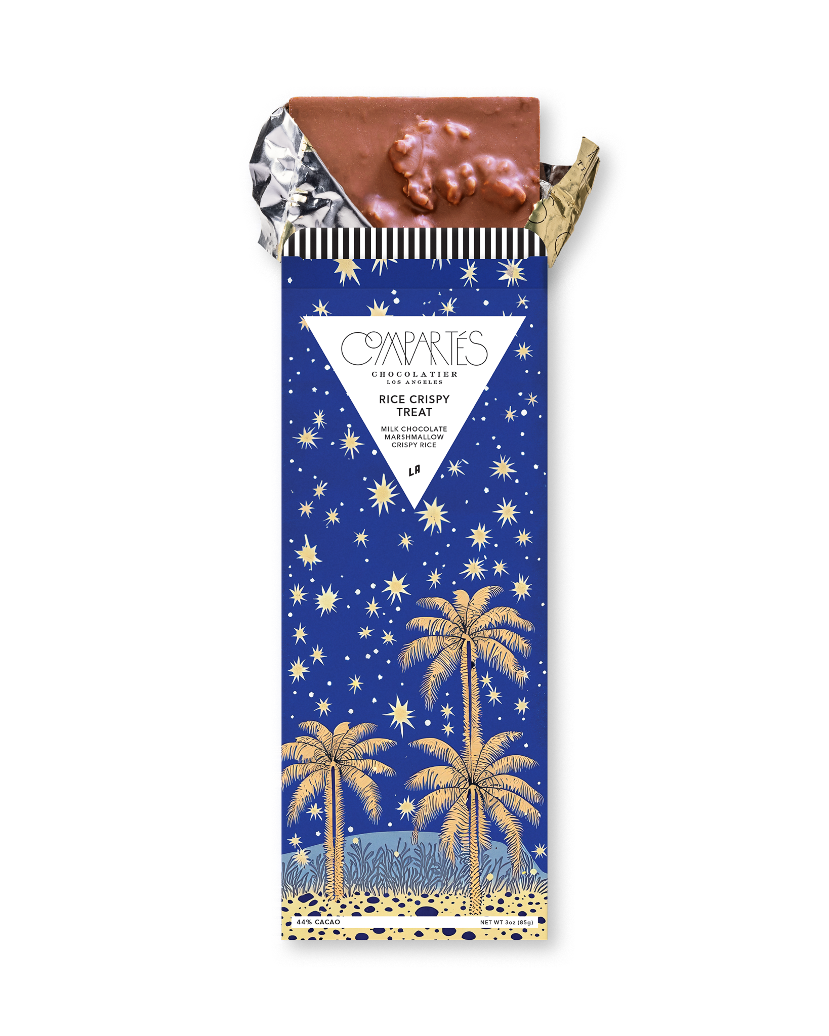 Compartes rice crispy treat gourmet chocolate gift bar, gold palms on deep blue wrapper, milk chocolate